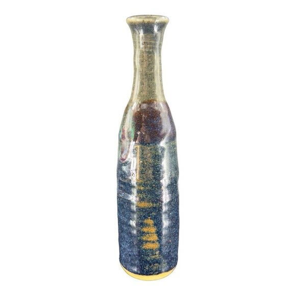 Hand Made Primitive Style Pottery Bottle Vase Artist Signed Drip Glaze Brutalist - Picture 12 of 16